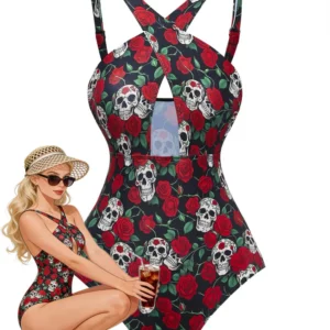 MAILLOT DE BAIN DOS NU NOIR À MOTIF SQUELETTE ROSE