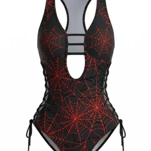 MAILLOT DE BAIN ROUGE À BRETELLES DÉCOUPES EN FORME TOILE D'ARAIGNÉE