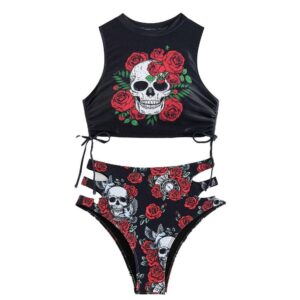 Sexy Flowers Skull Print Tight Bikini Swimsuit