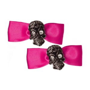 Pinces à cheveux - Sourpuss - Barrettes nœud en satin avec gemme crâne noir